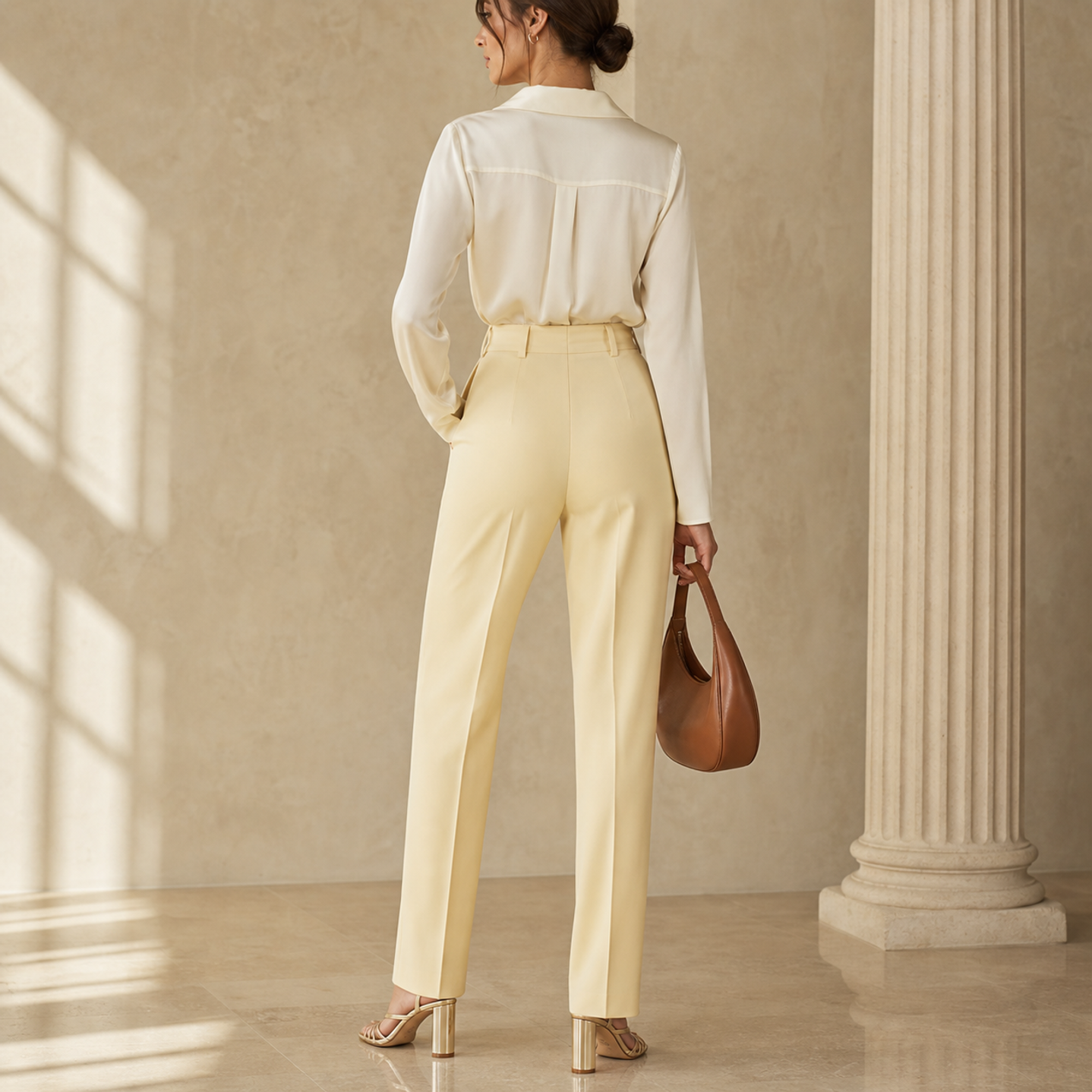 Beige slim tapered trousers by Lord & Taylor Heritage, back view detail