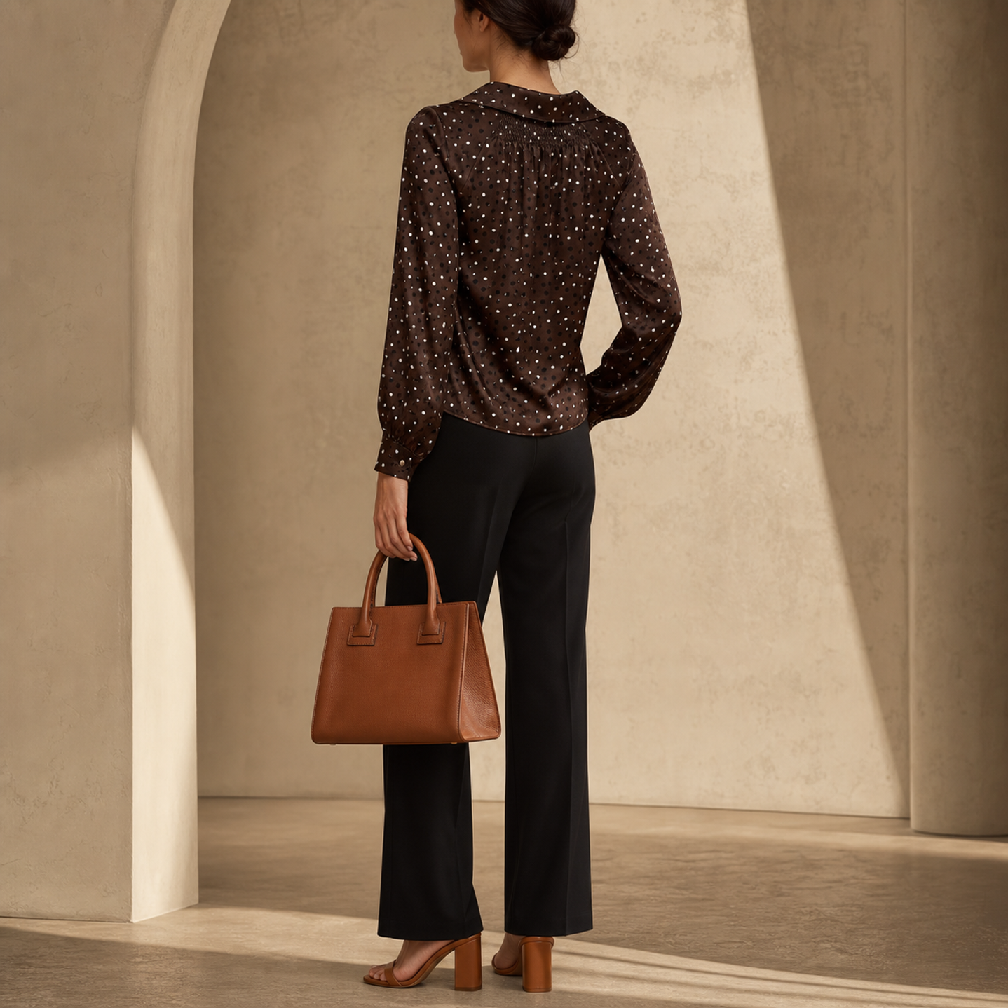 Brown sleeveless maxi dress back view on model by Lord & Taylor Heritage