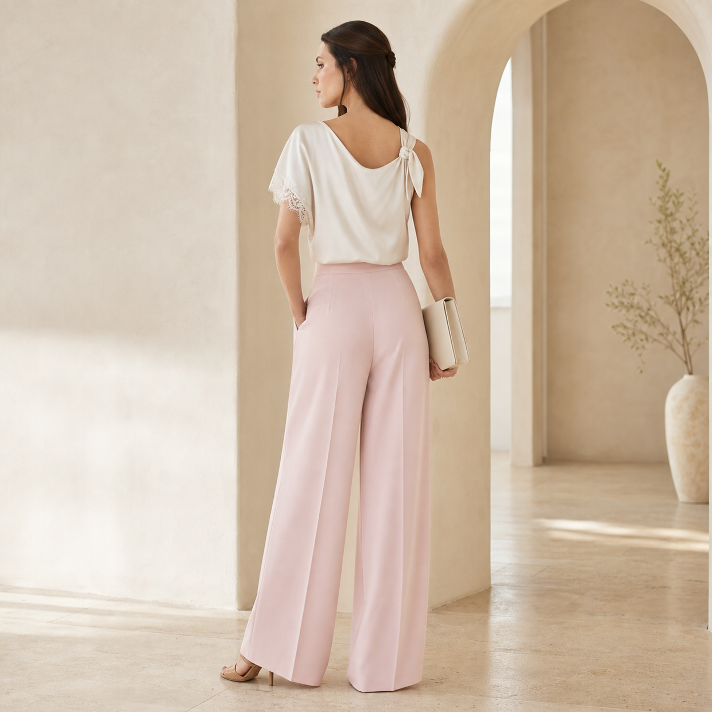 Blush pink high-waisted trousers back view by Lord & Taylor Heritage