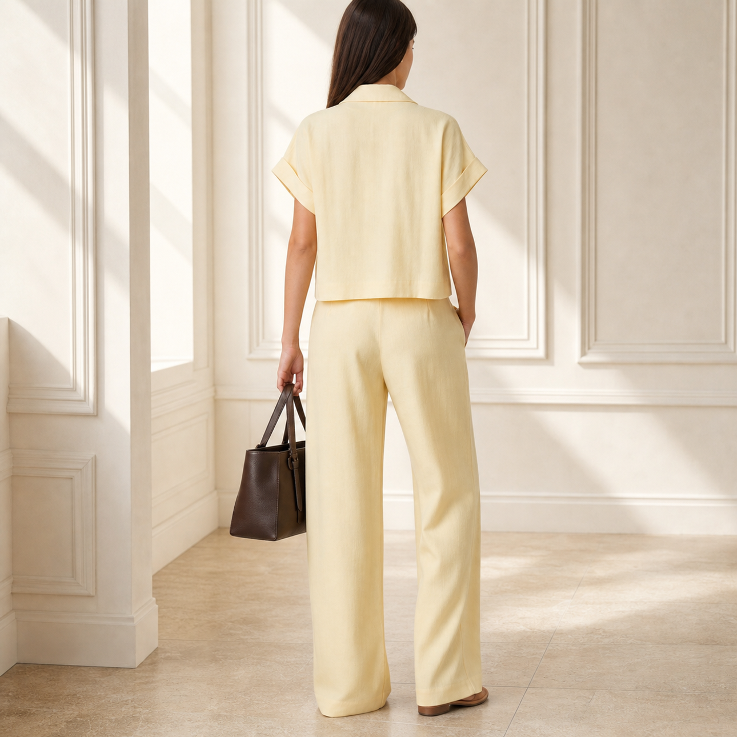 Lord & Taylor Heritage Camp Shirt, Yellow Linen Blend — back view