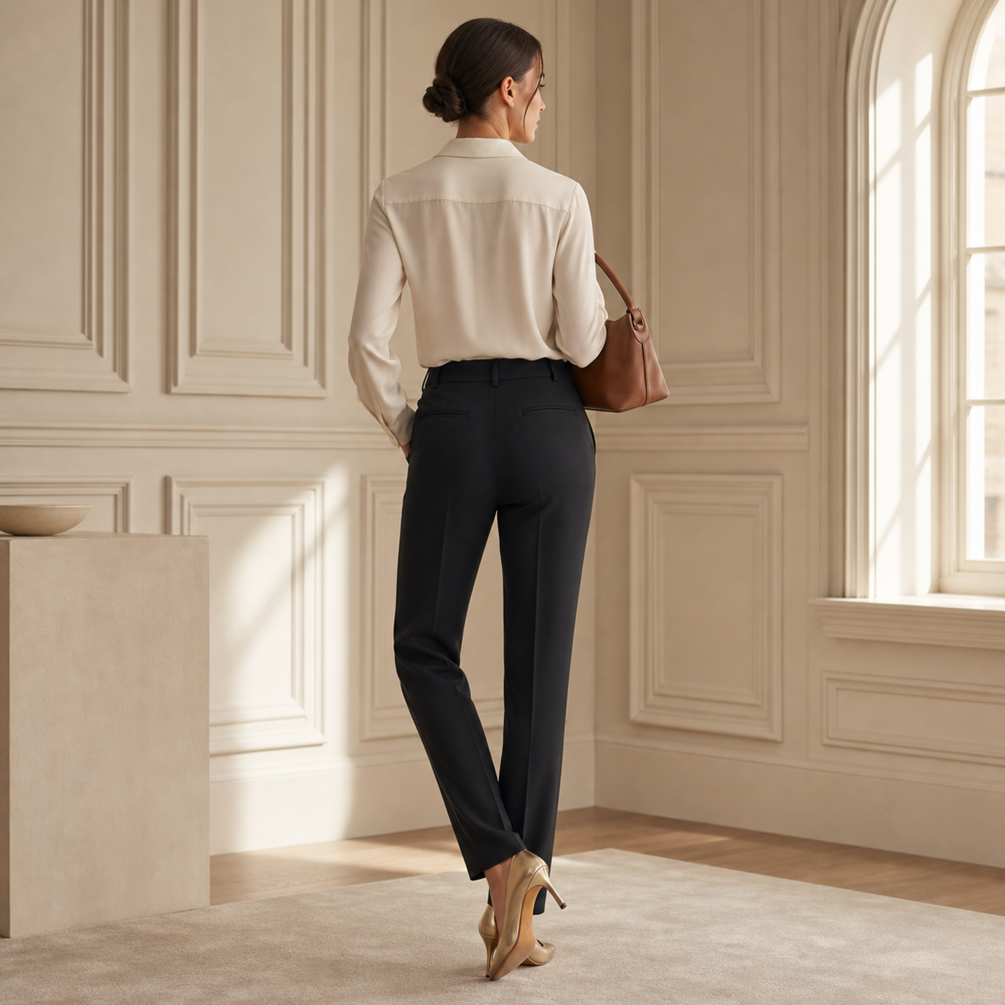 Black high-waisted trousers back view showing center crease and slim tapered leg by Lord & Taylor Heritage