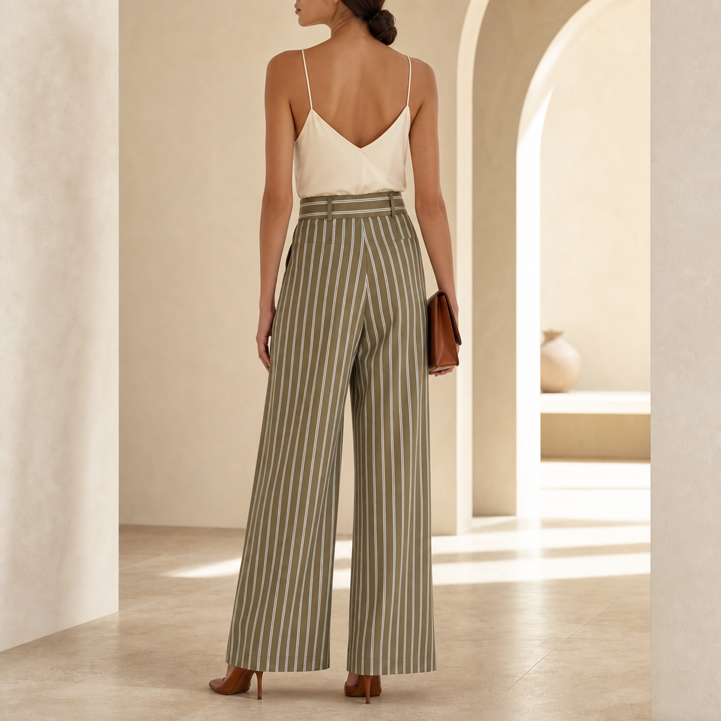 Olive striped wide-leg trousers back view by Lord & Taylor Heritage