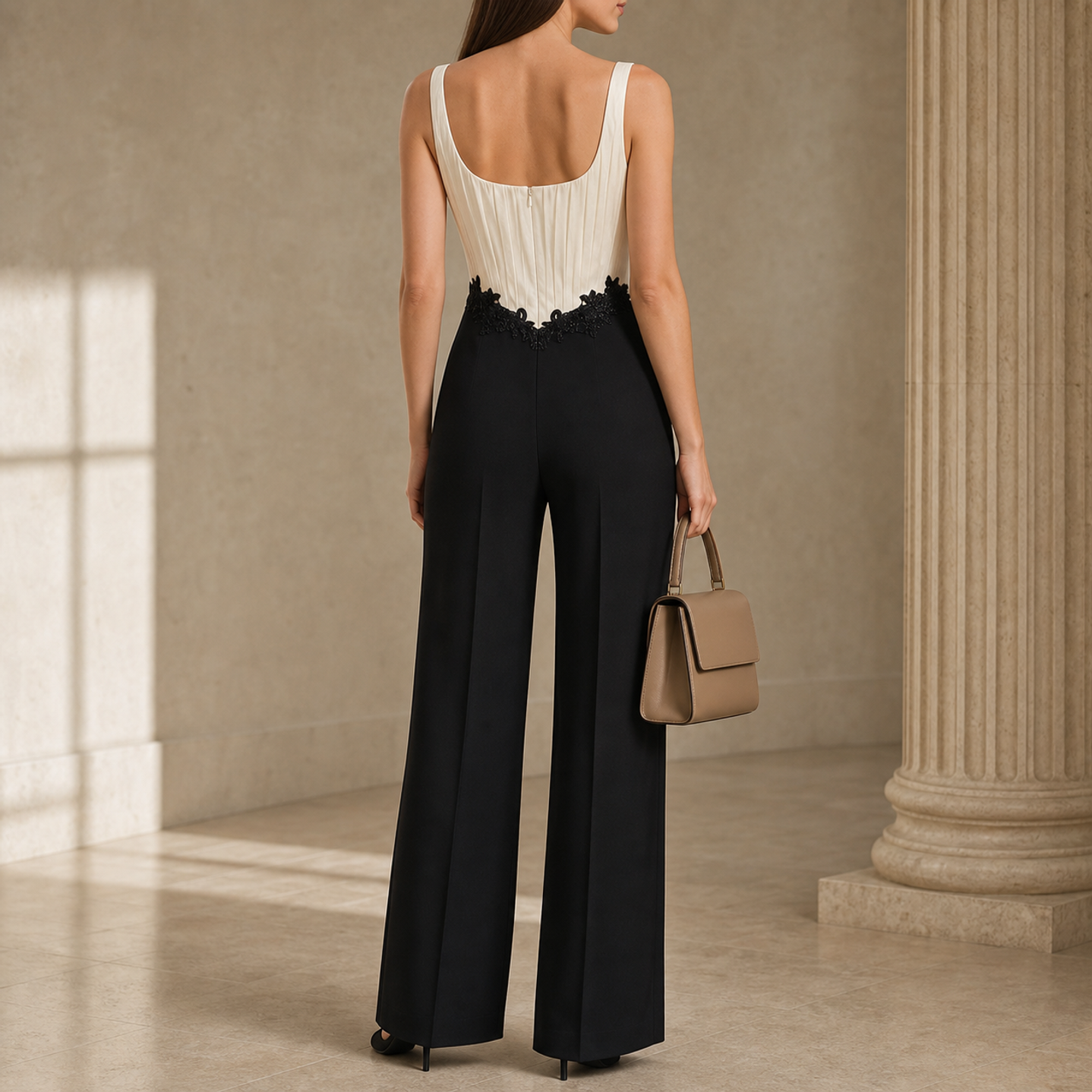 Black wide-leg trousers with high waist construction, back view detail