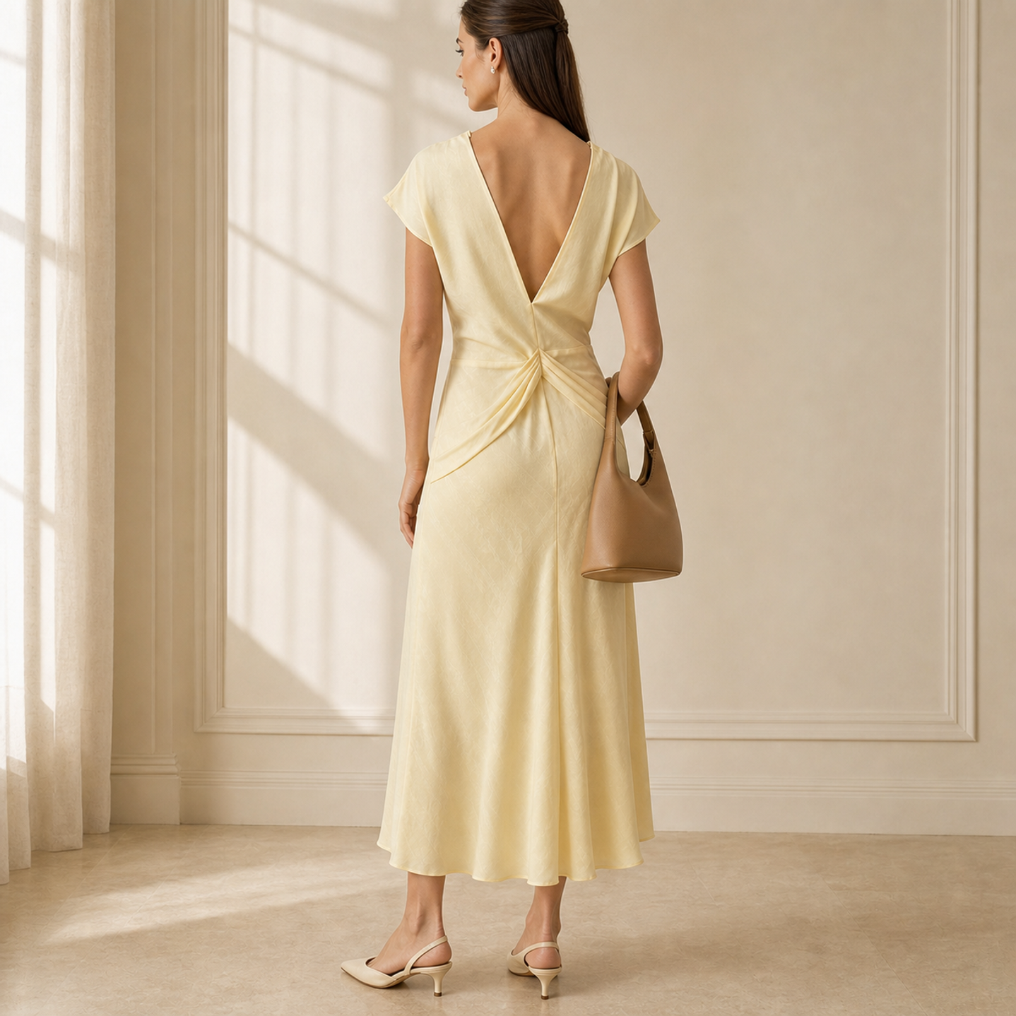 Lord & Taylor Heritage Wrap Midi Dress, Pale Yellow — back view