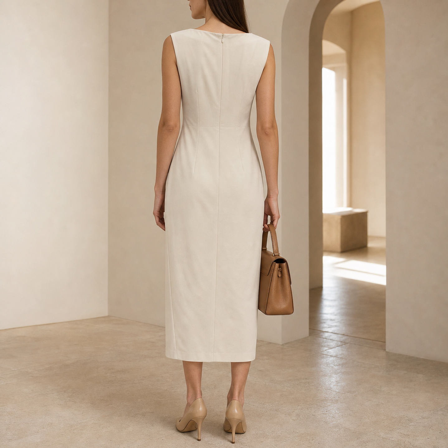 Cream pencil dress back view showing boat neckline and sleeveless construction