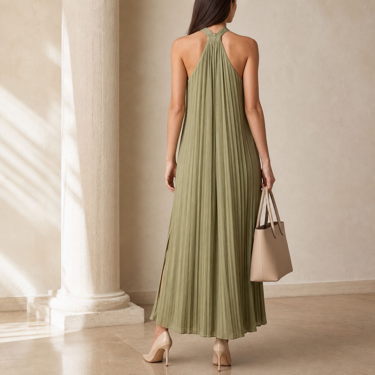 Khaki halter maxi dress back view showing open back design by Lord & Taylor Heritage