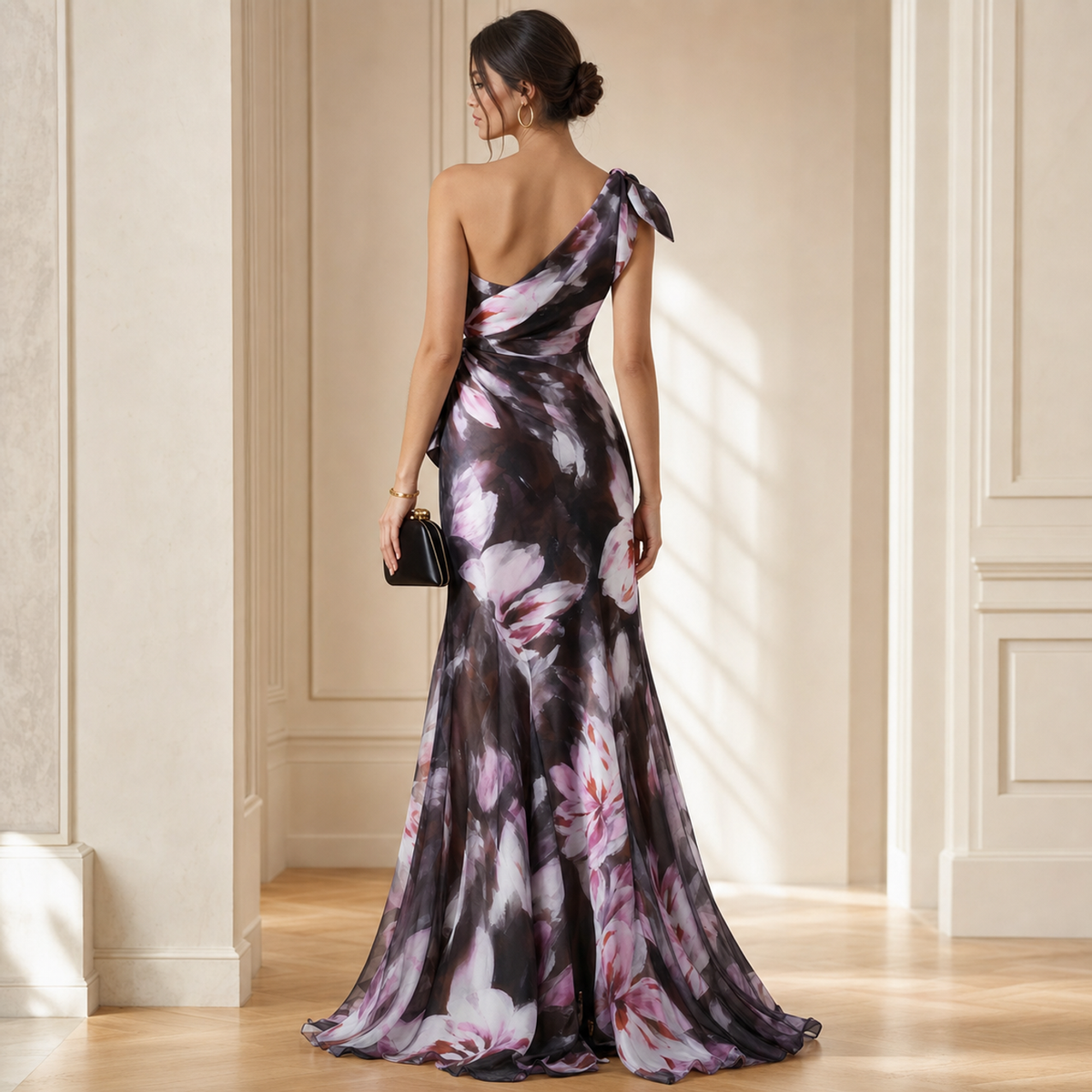 one shoulder floral chiffon dress Lord & Taylor Heritage One-Shoulder Maxi Gown, With focus on design dress_type_Sweet 16 Dresses Size:X-Small-Small Shoulder scarf neck Joleena Linen Bow-Strap Midi