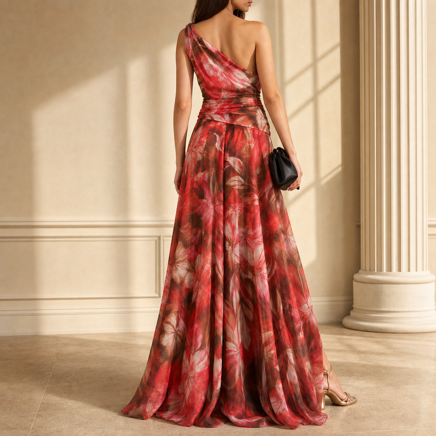 Lord & Taylor Heritage One-Shoulder Maxi Dress, Red Floral — back view