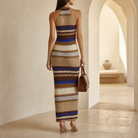 Brown chevron-knit halter maxi dress by Lord & Taylor Heritage, open back view