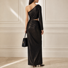 Black and gold metallic one-shoulder maxi dress with ruched hip, back view by Lord & Taylor Heritage