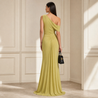 Chartreuse one-shoulder gown back view showing pleated train by Lord & Taylor Heritage