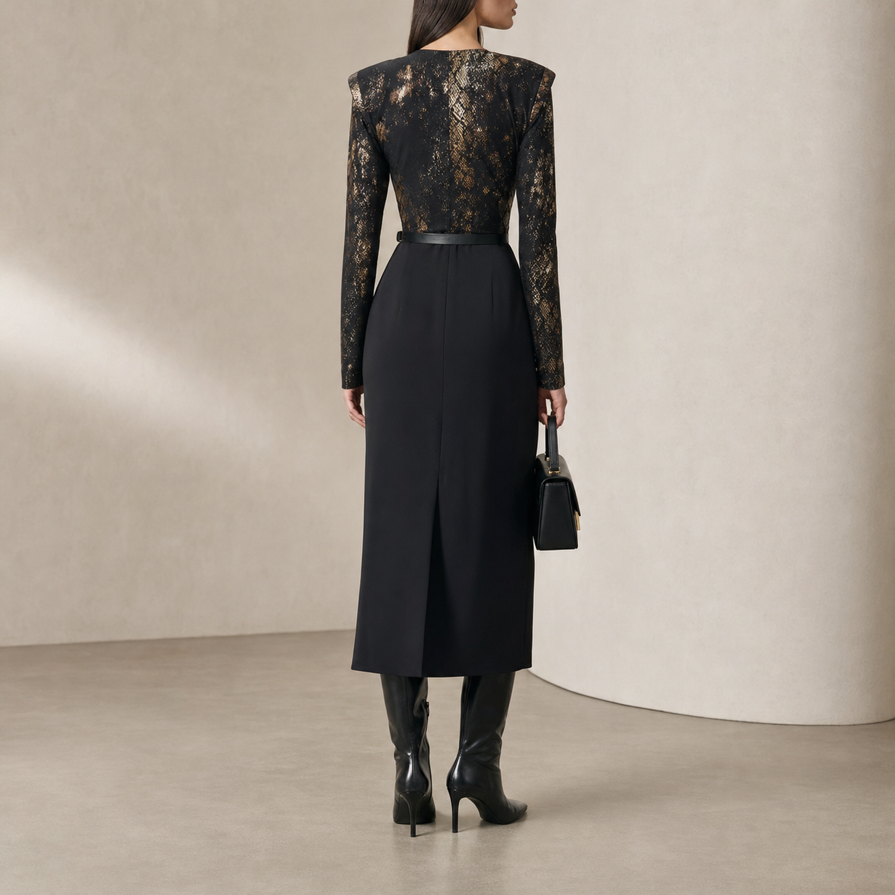 Gold metallic snake print wrap top by Lord & Taylor Heritage, back detail view