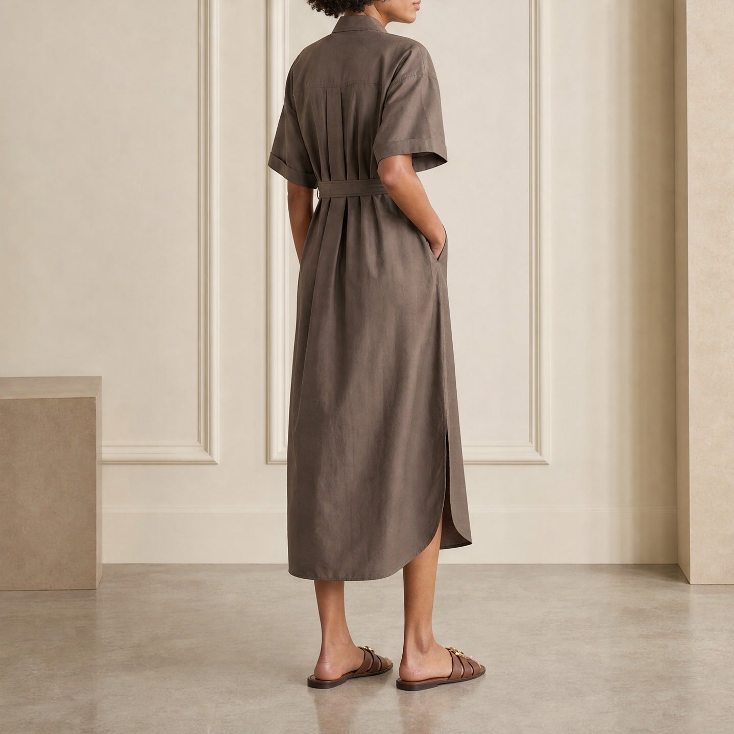 Brown Brunello Cucinelli midi dress embroidery detail, back close-up
