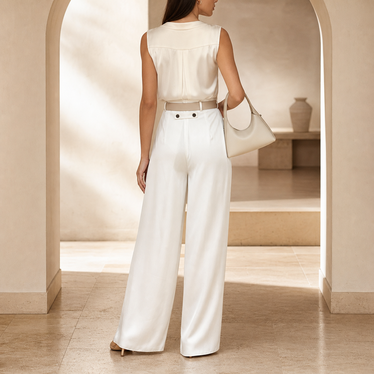 Champagne satin wide-leg trousers back detail showing smooth satin finish