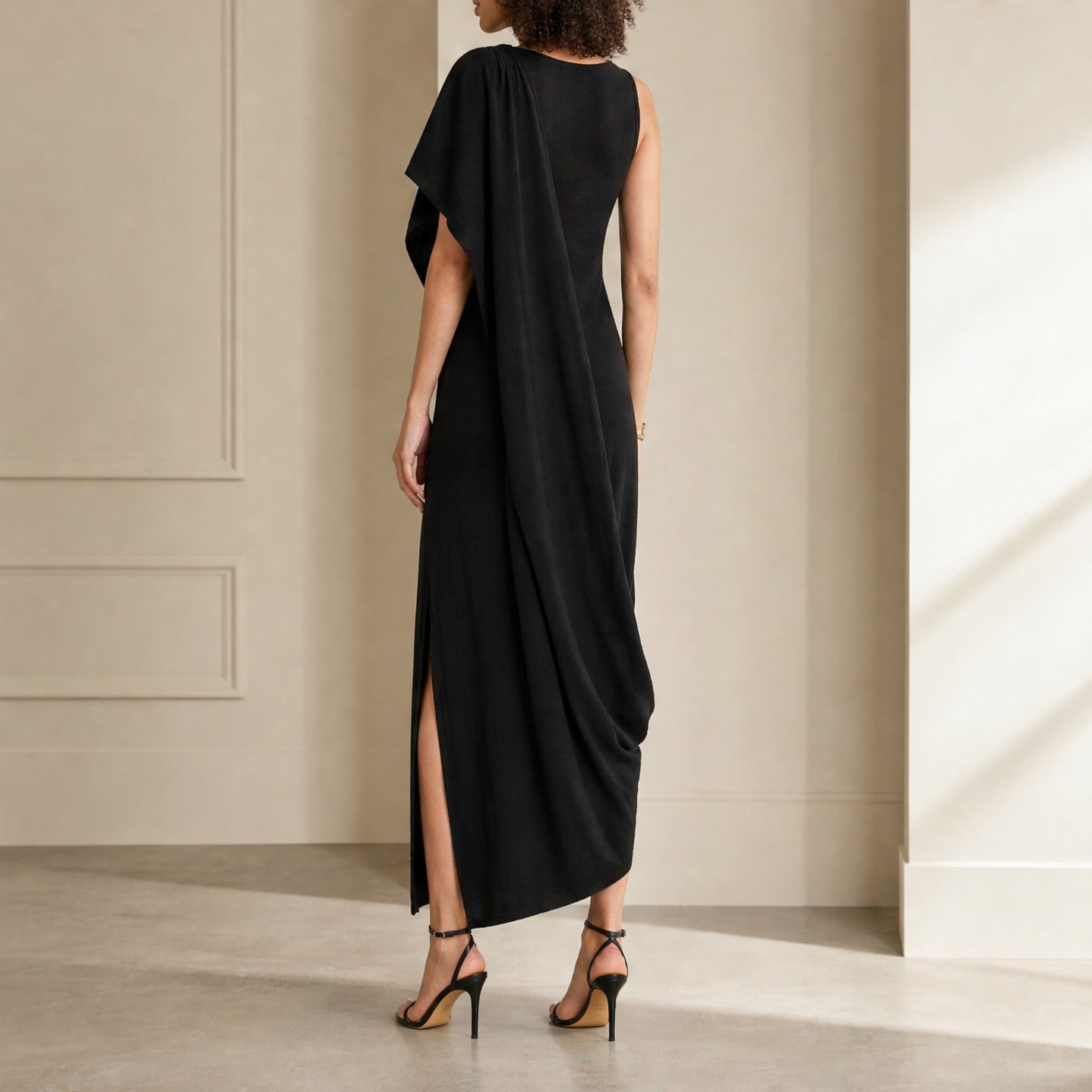 Black PALOMA WOOL midi dress, close-up back detail showing construction
