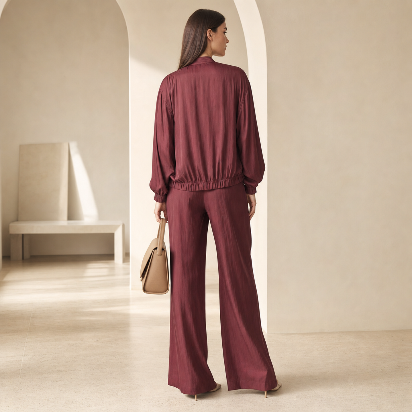 Burgundy satin bomber jacket back view showing gathered cuffs by Lord & Taylor Heritage