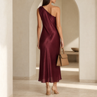 Burgundy satin one-shoulder midi dress by Lord & Taylor Heritage, back view detail