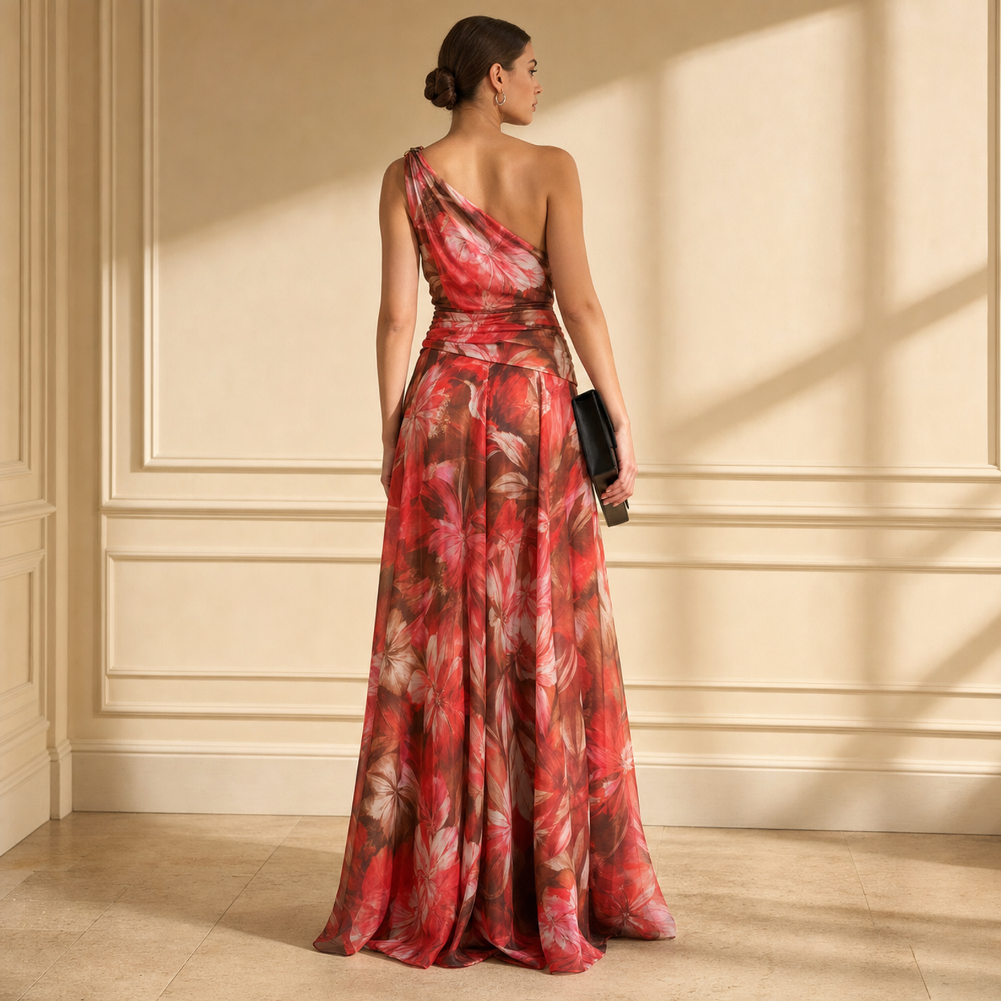 Red floral one-shoulder maxi gown by Lord & Taylor Heritage, back view detail