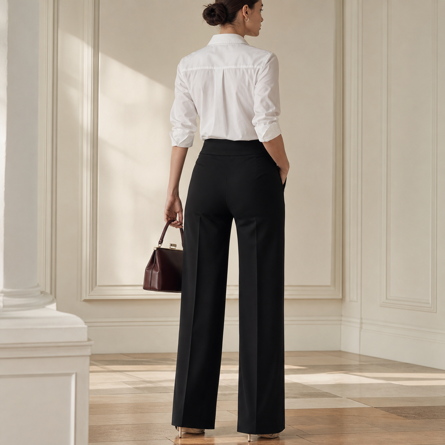 Black wide-leg trousers with pressed center creases, back view by Lord & Taylor Heritage