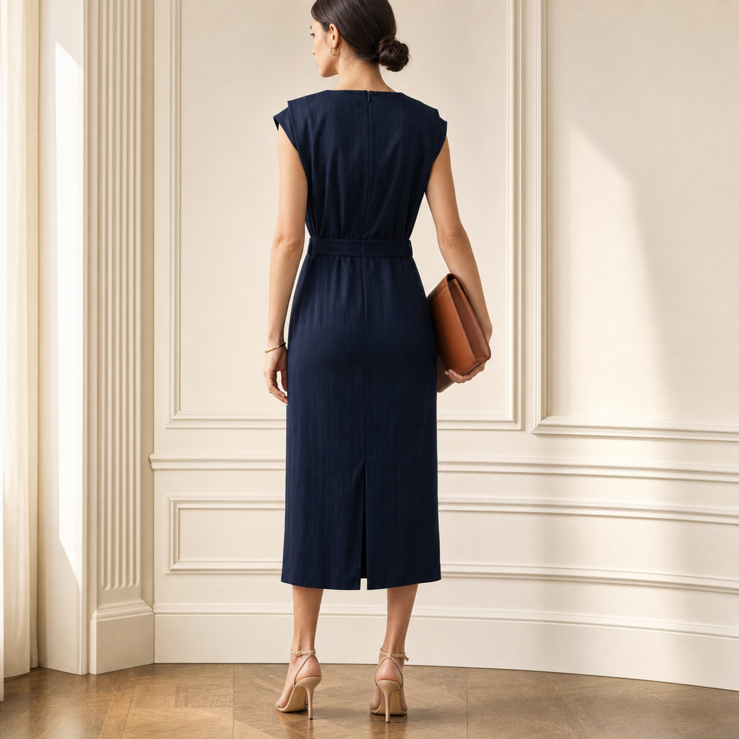 Navy midi dress with back vent and structured shoulders, back view detail