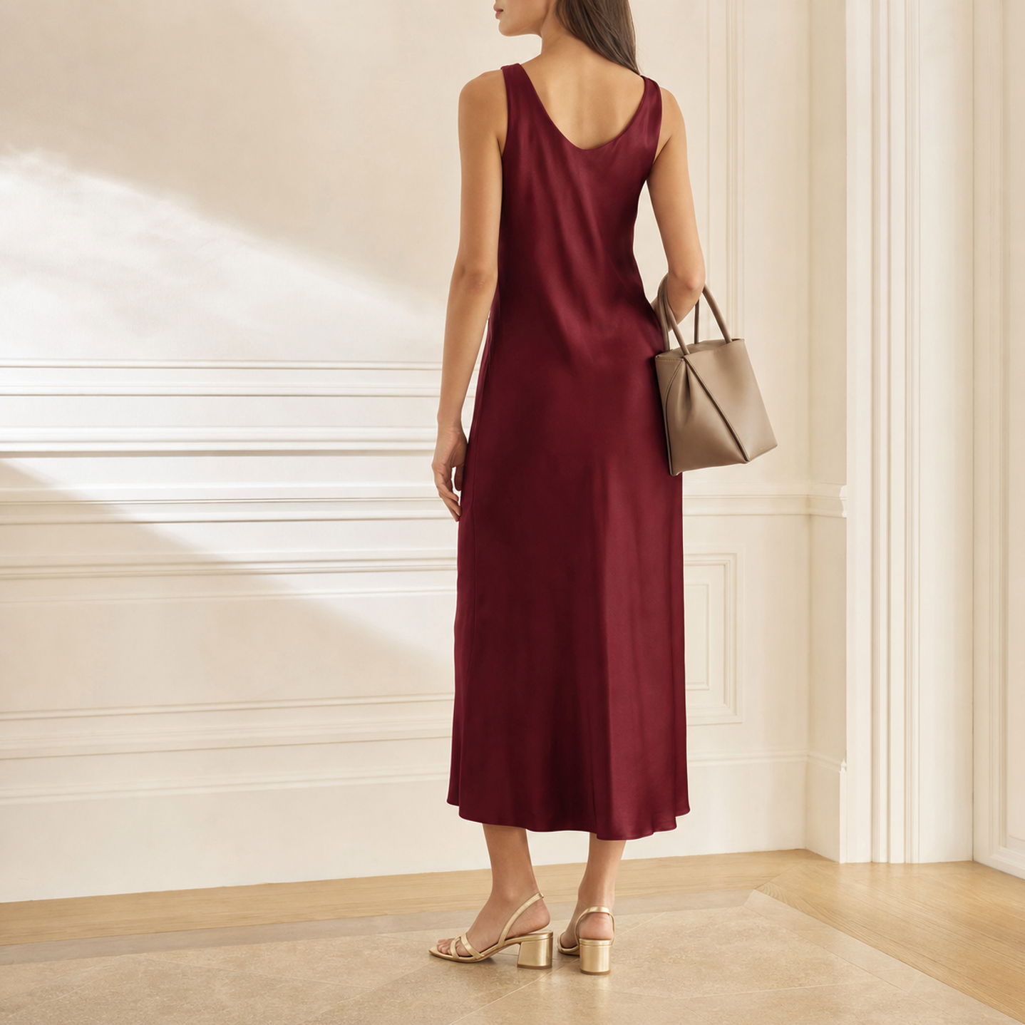 Burgundy satin slip dress back view showing bias-cut silhouette