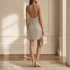 Beige beaded fringe mini dress showing cascading fringe detail, back view by Lord & Taylor Heritage