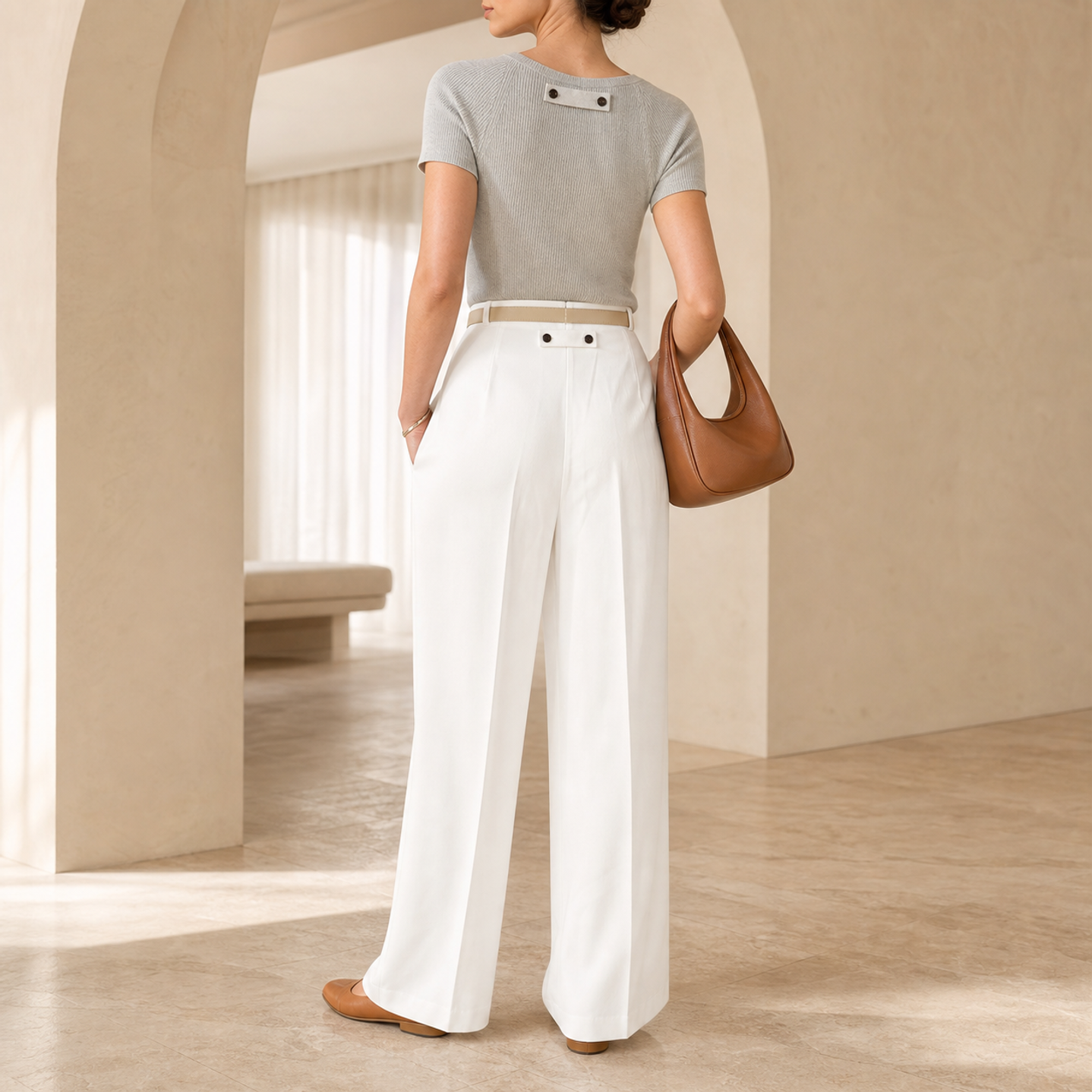 Champagne satin wide-leg trousers back view showing pressed center crease