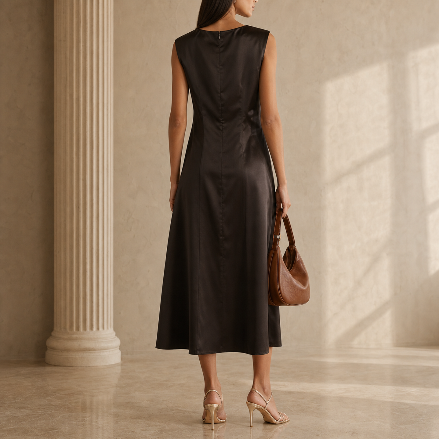 Espresso brown satin maxi dress back view showing sleeveless construction by Lord & Taylor Heritage