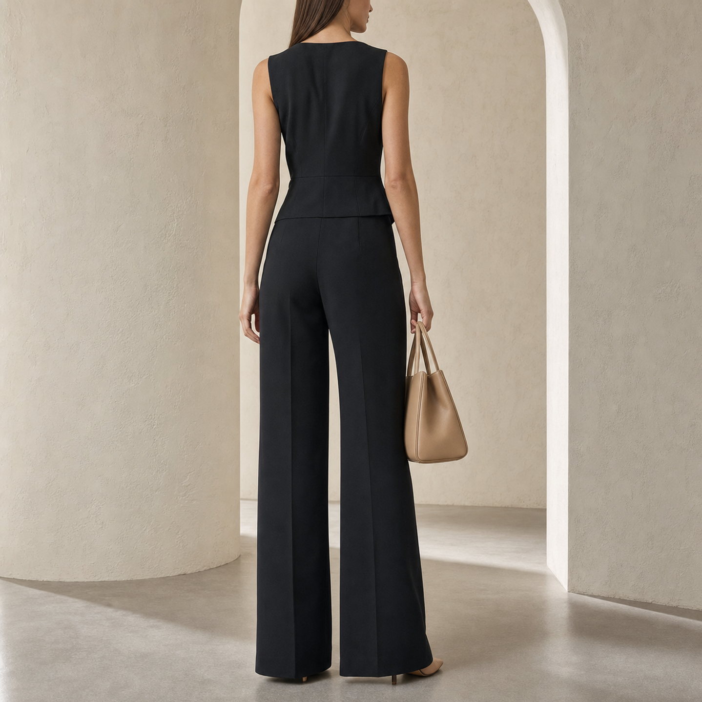 Black waistcoat jumpsuit back view showing structured shoulders by Lord & Taylor Heritage