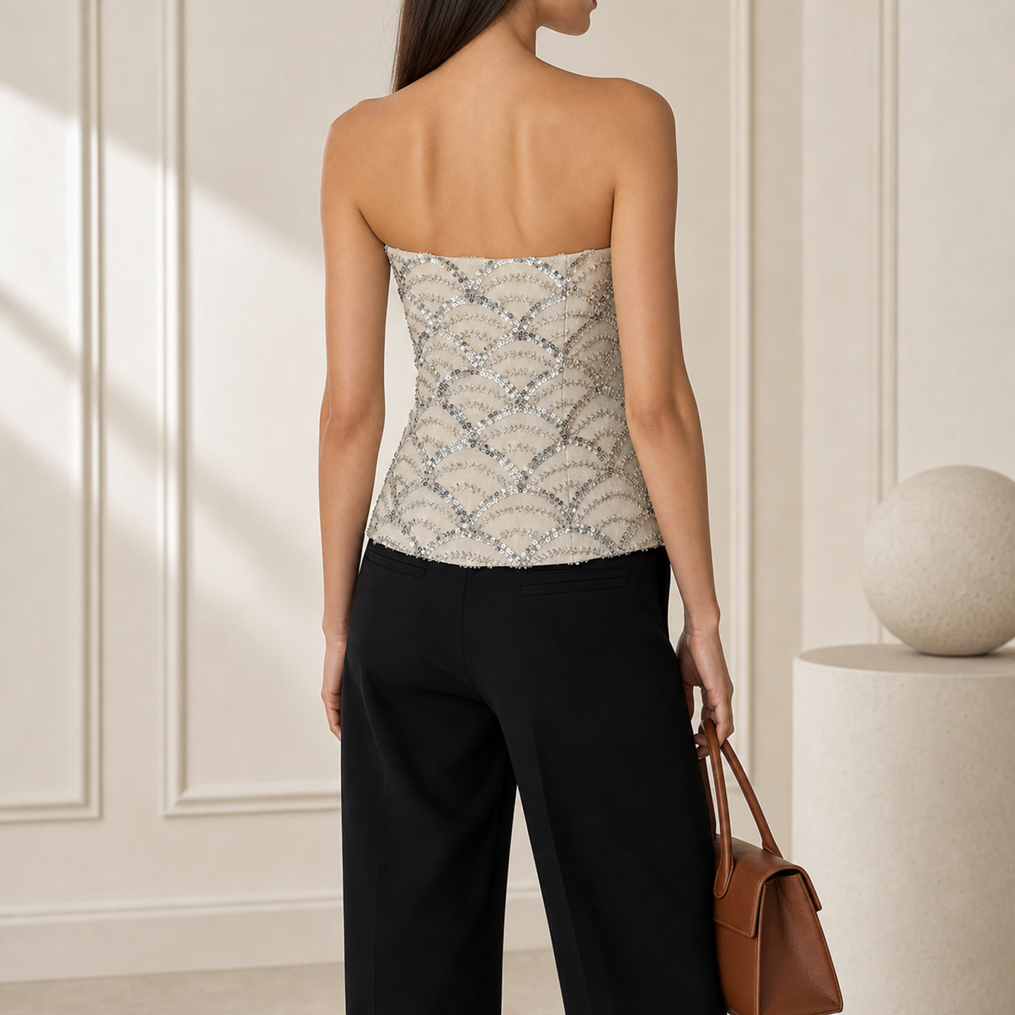 Lord & Taylor Heritage Sequin Bustier Top, Champagne Beige — back view