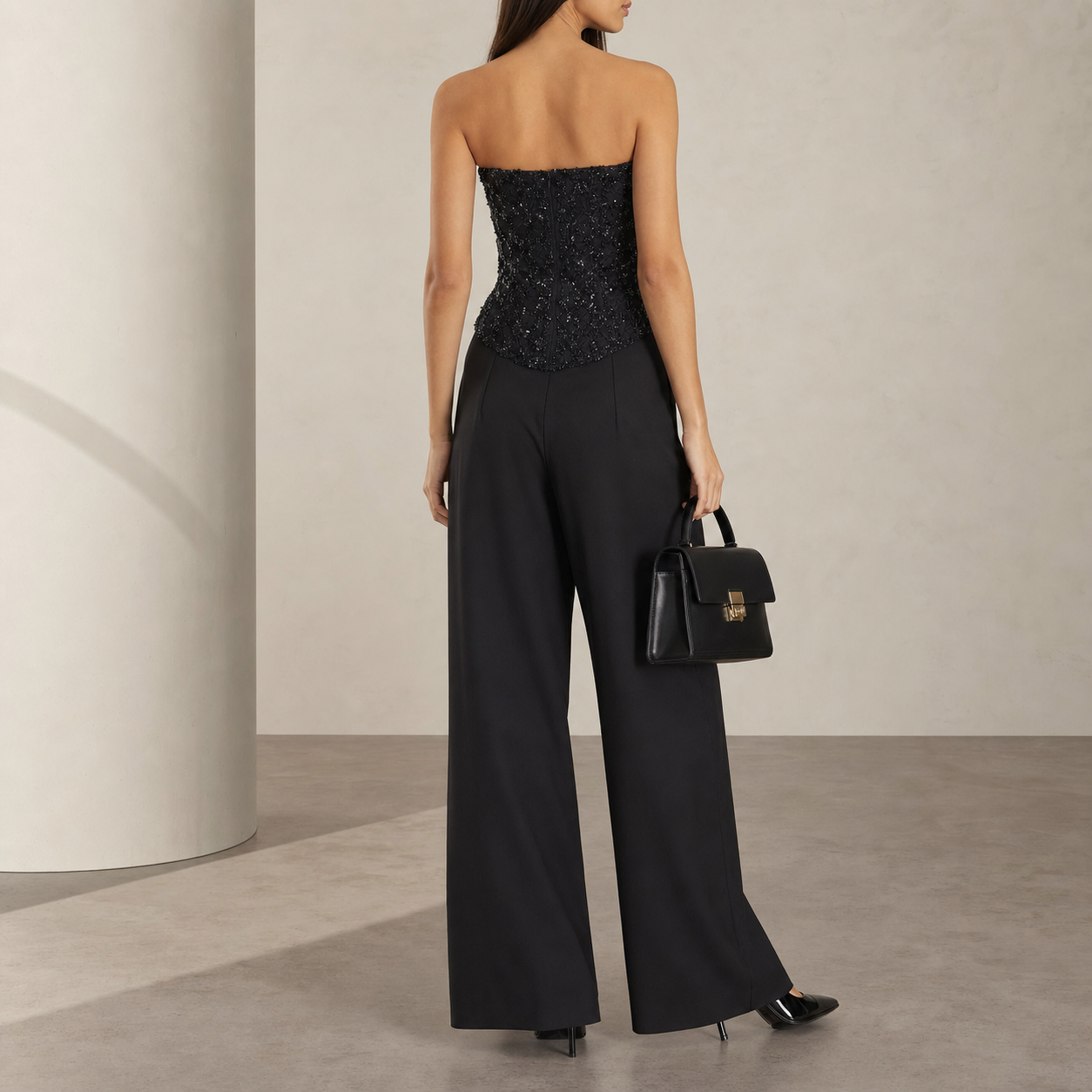 Black strapless bustier top with bead embellishment, back view by Lord & Taylor Heritage