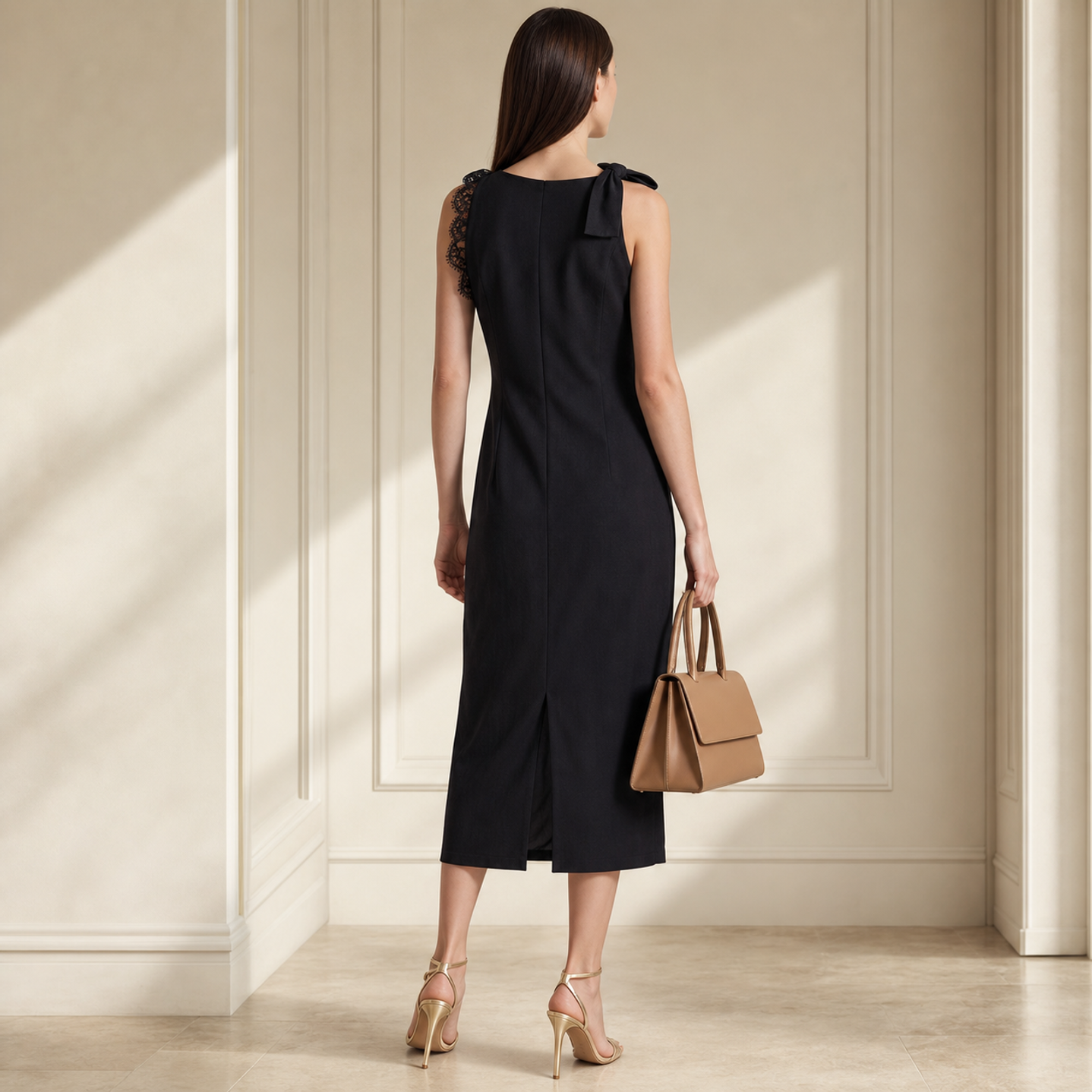 Black matte crepe midi dress with lace trim detail, back view close-up