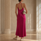 Fuchsia halter dress with tie straps at back, rear view by Lord & Taylor Heritage