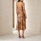 Green animal print slip dress back detail with spaghetti straps by BA&SH, close-up