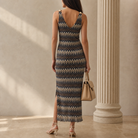 Navy multi chevron knit maxi dress back V-neckline, close-up view