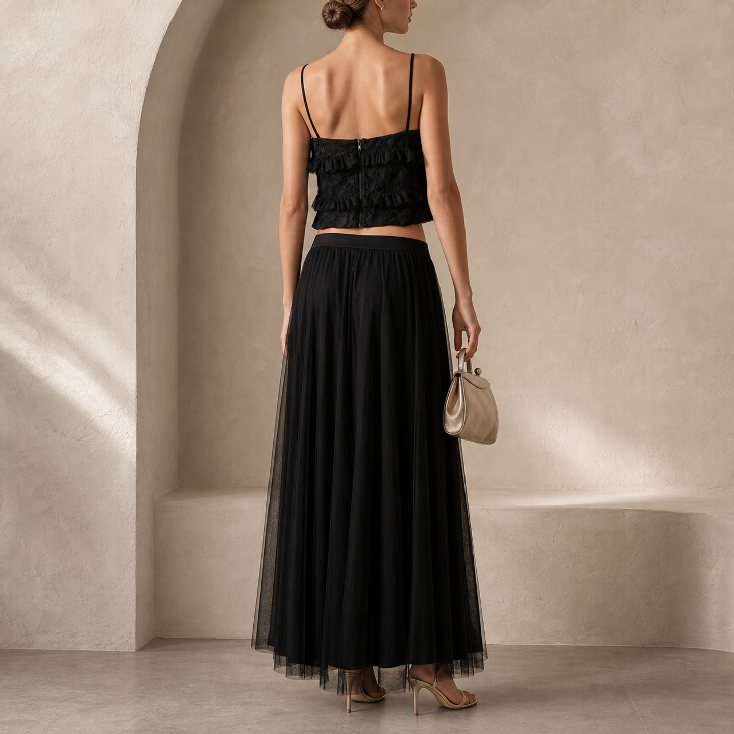 Black tulle maxi skirt and beaded cami set by Lord & Taylor Heritage, back view detail