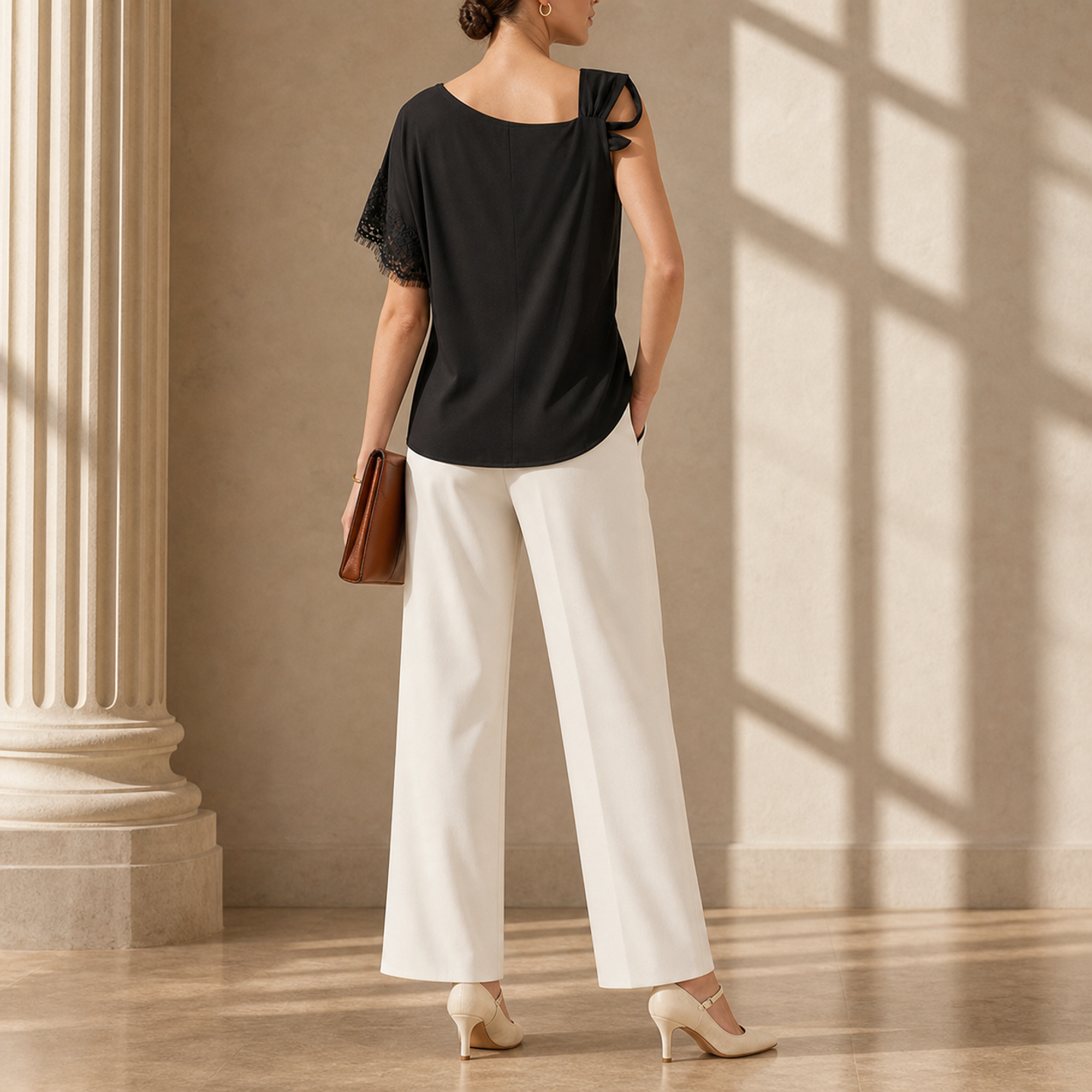 Lord & Taylor Heritage One-Shoulder Top, Black with Lace — back view