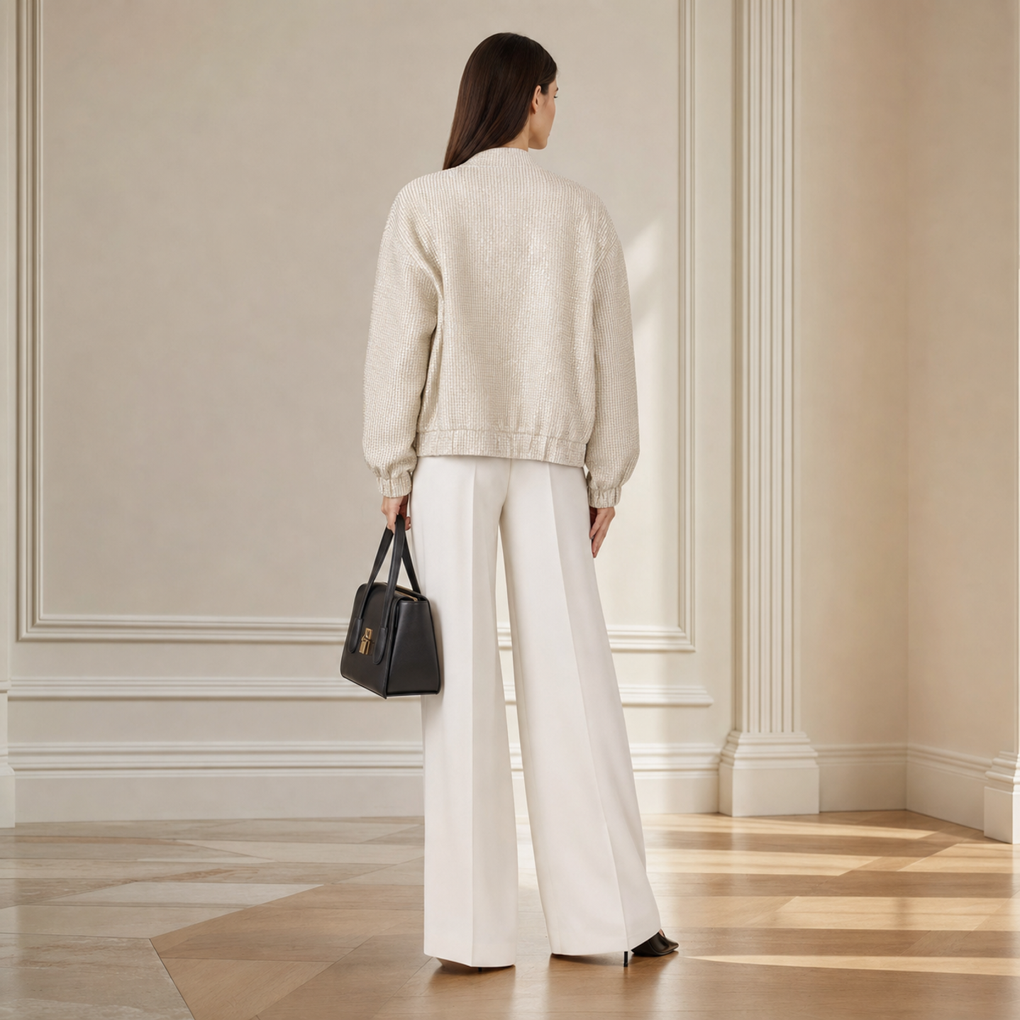 Metallic gold bomber jacket back view showing gathered cuffs and ribbed hem