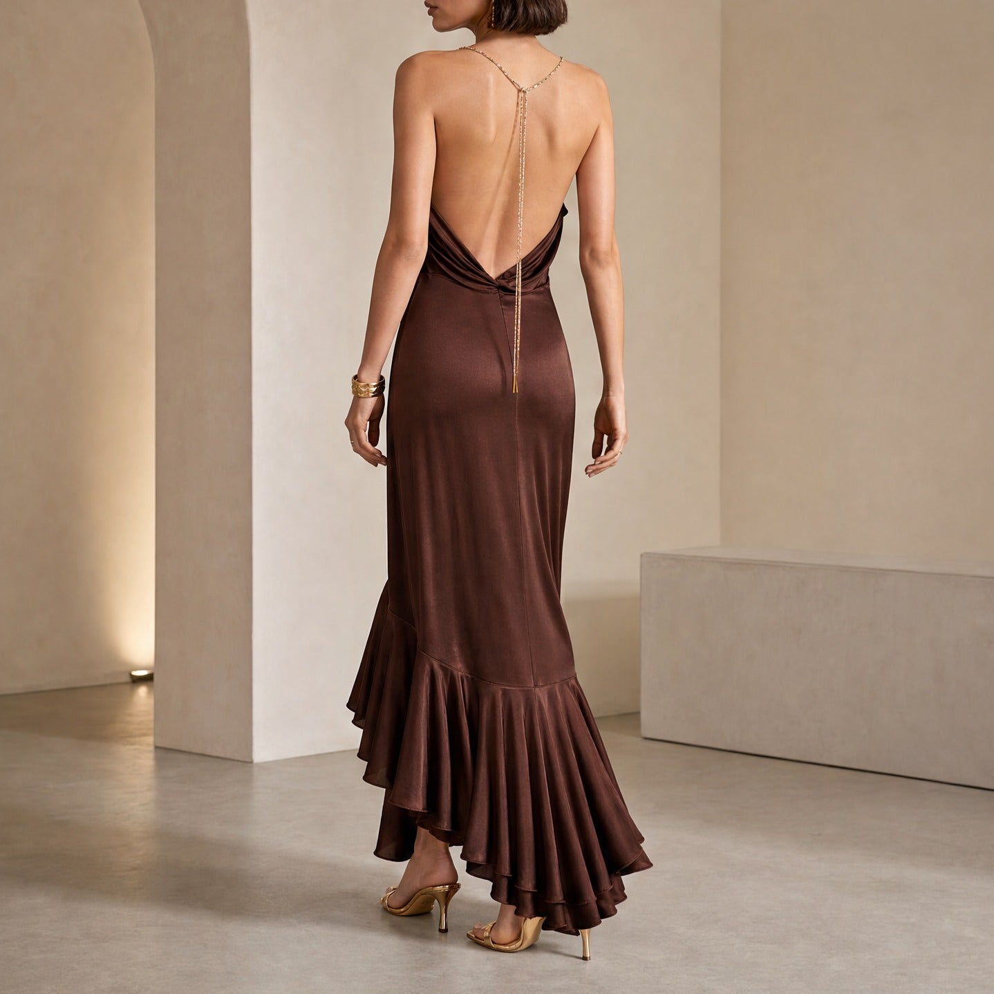 Brown Amen midi dress open back detail, close-up back by Amen