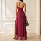 Berry red chiffon maxi dress with cascading ruffle, back view by Lord & Taylor Heritage