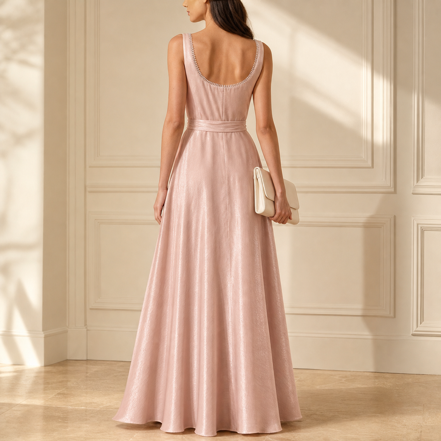 Back view of blush pink satin maxi dress showing sleeveless bodice and A-line skirt