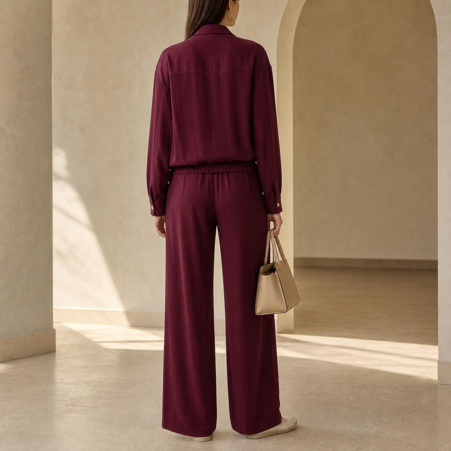 Burgundy collared bomber jacket back view showing seamed bodice detailing