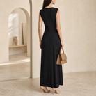Black sleeveless maxi dress by Lord & Taylor Heritage, back view showing draping detail