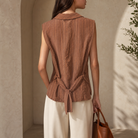 Chestnut brown sleeveless shirt with peplum hem and curved shirttail, back view by Lord & Taylor Heritage