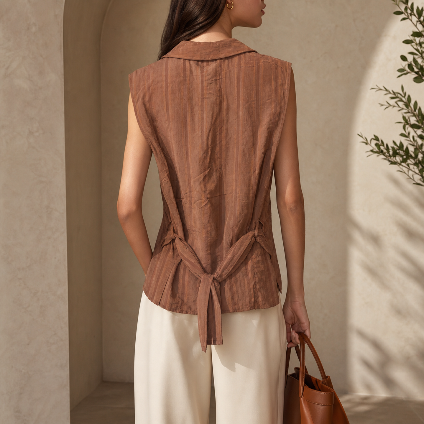 Chestnut brown sleeveless shirt with peplum hem and curved shirttail, back view by Lord & Taylor Heritage