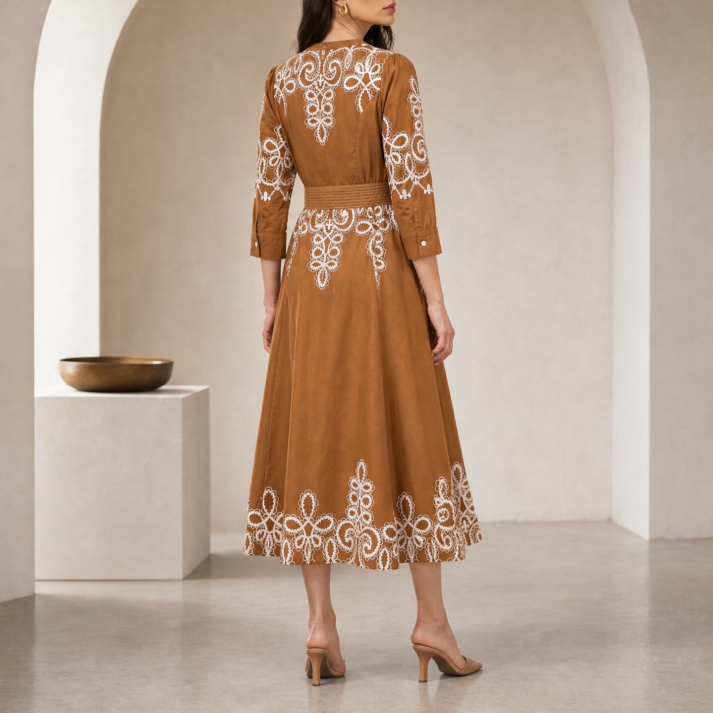 Back detail of multicolor embroidered silk midi dress by Beyond by Vera