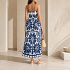 Navy and white floral maxi dress by FARM Rio, back detail view