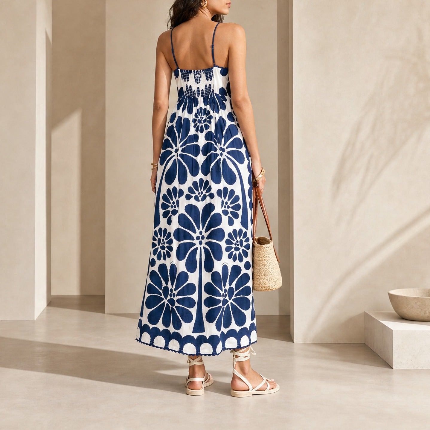 Navy and white floral maxi dress by FARM Rio, back detail view