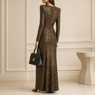 Khaki bronze sequin wrap gown back view showing structured shoulders by Lord & Taylor Heritage