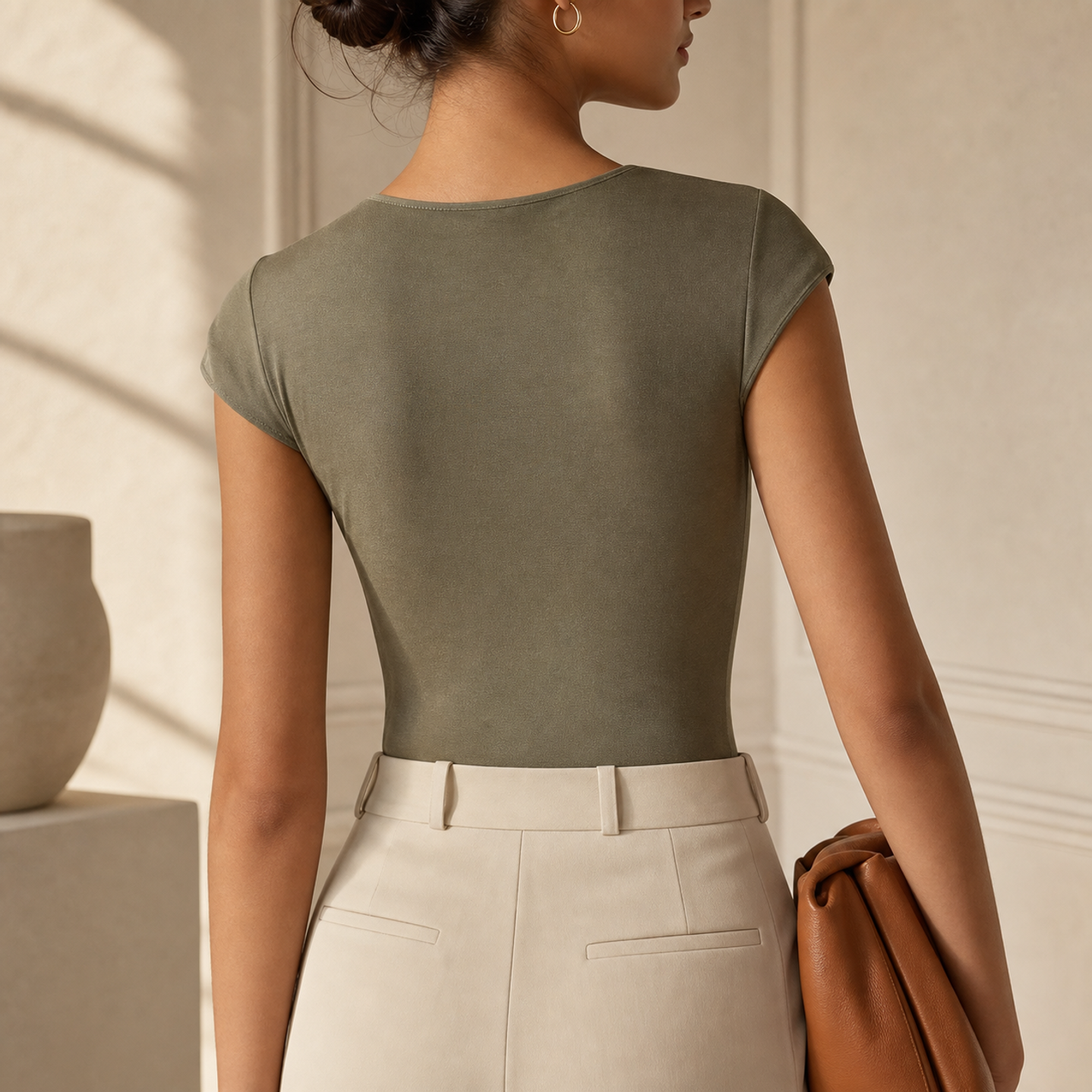 Olive green bodysuit back detail showing snap-button gusset closure by Lord & Taylor Heritage